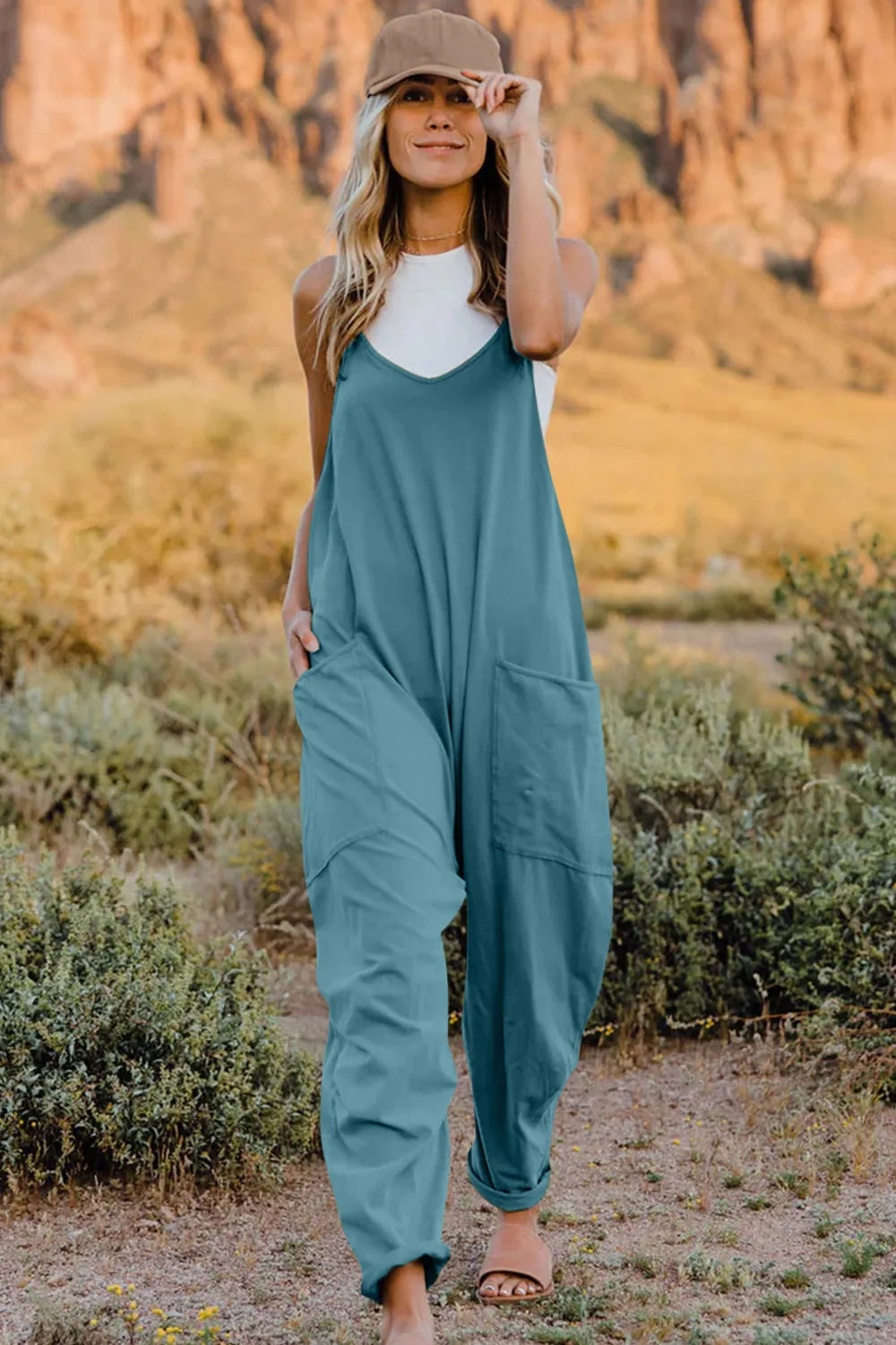 Double Take Full Size V-Neck Sleeveless Jumpsuit with Pockets-Nordavory