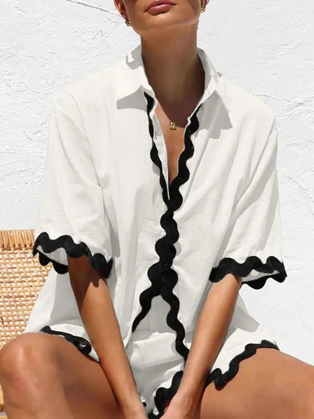 Contrast Trim Half Sleeve Top and Shorts Set-Nordavory
