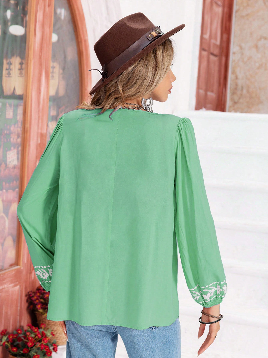 Floral Tie Neck Balloon Sleeve Blouse-Nordavory