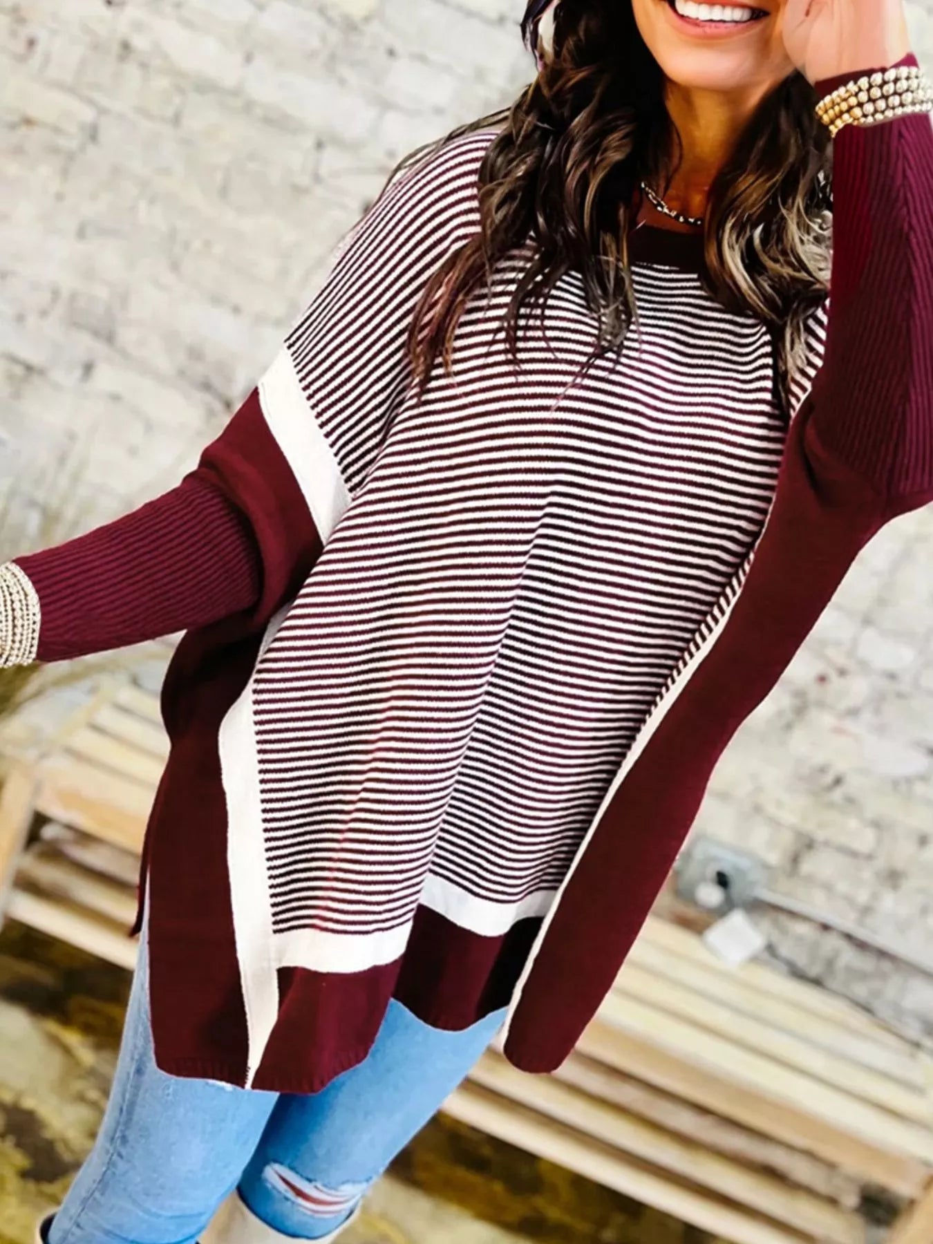 Stripe Color Block Patchwork Dolman Oversize Tunic Sweater-Nordavory