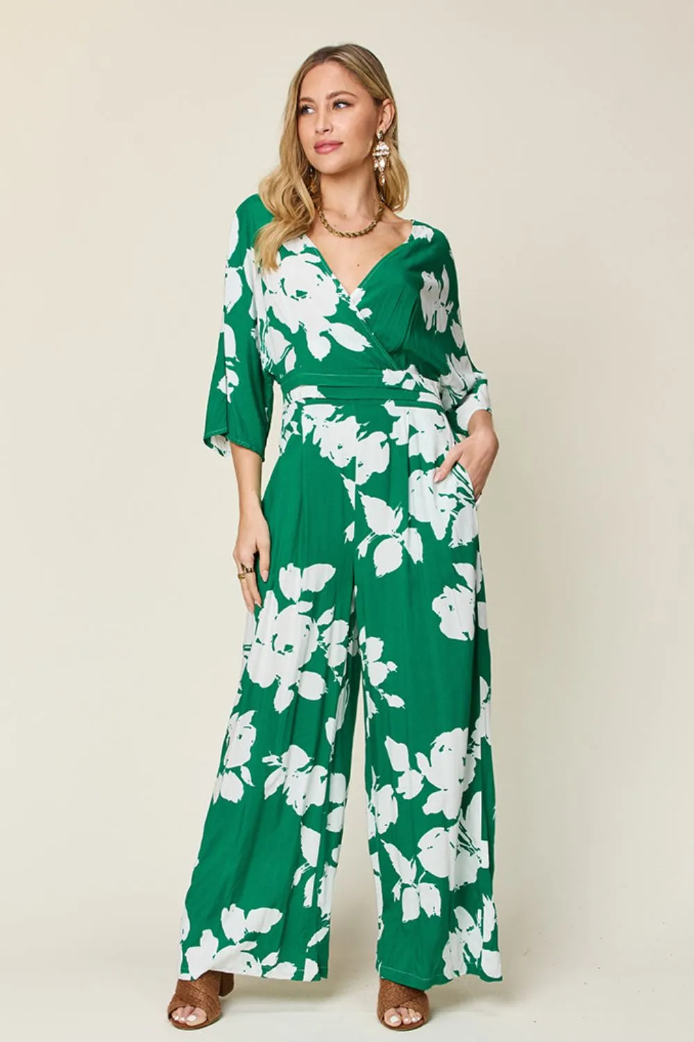 Double Take Full Size Printed Tie Back Wide Leg Jumpsuit-Nordavory