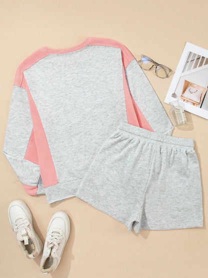 Color Block Long Sleeve Sweatshirt and Shorts Set-Nordavory