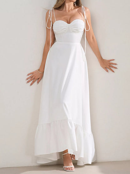 Sweetheart Neck Tie-Strap Ruffle Hem Maxi Dress-Nordavory