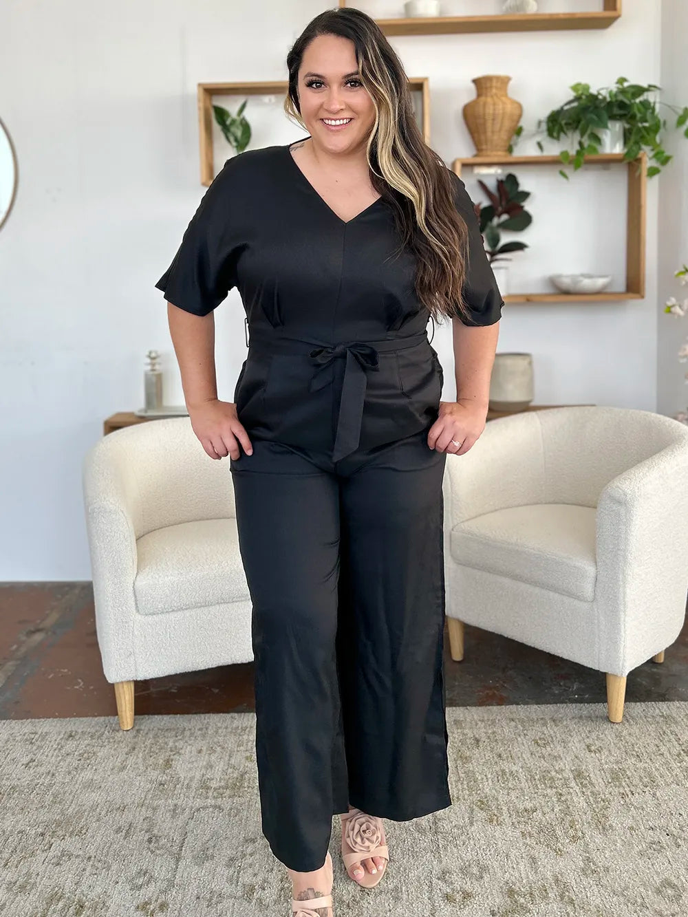 Double Take Full Size V-Neck Tied Side Slit Jumpsuit-Nordavory
