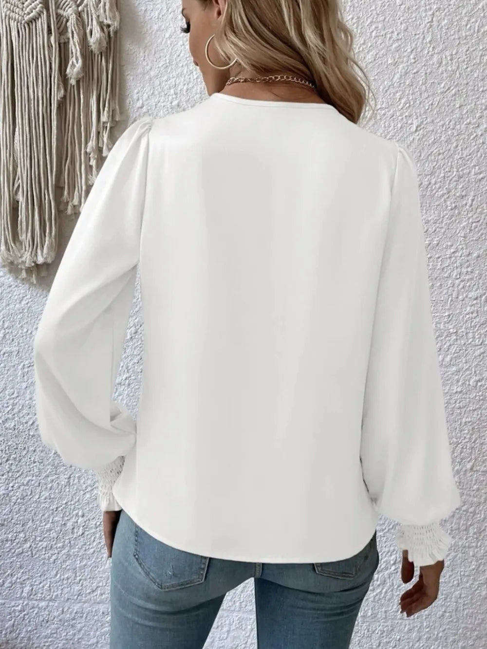 Surplice Smocked Lantern Sleeve Blouse-Nordavory