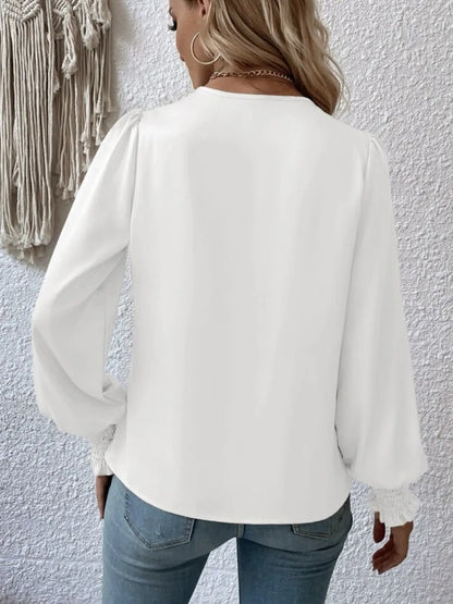 Surplice Smocked Lantern Sleeve Blouse-Nordavory