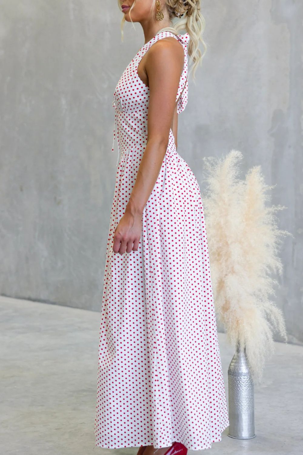 Backless Polka Dot Halter Neck Maxi Dress-Nordavory