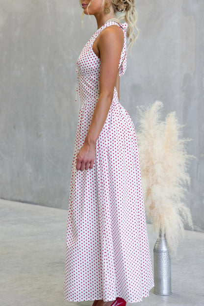 Backless Polka Dot Halter Neck Maxi Dress-Nordavory