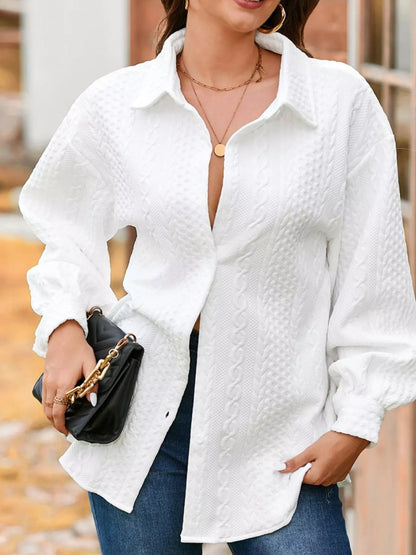 Cable Texture Puff Sleeve Loose Shacket-Nordavory