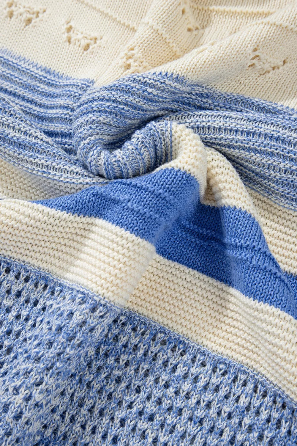 Openwork Striped Knit Long Sleeve Sweater-Nordavory