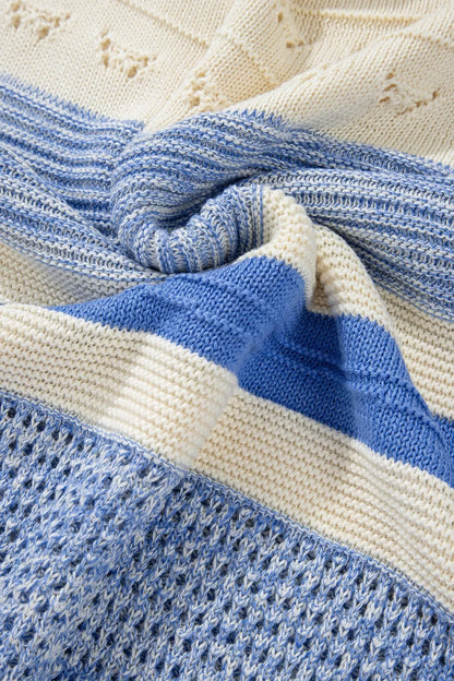 Openwork Striped Knit Long Sleeve Sweater-Nordavory