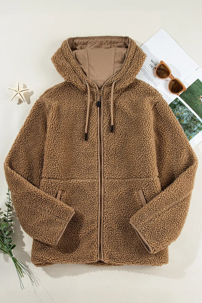 Drawstring Fleece Zip Up Hooded Jacket-Nordavory