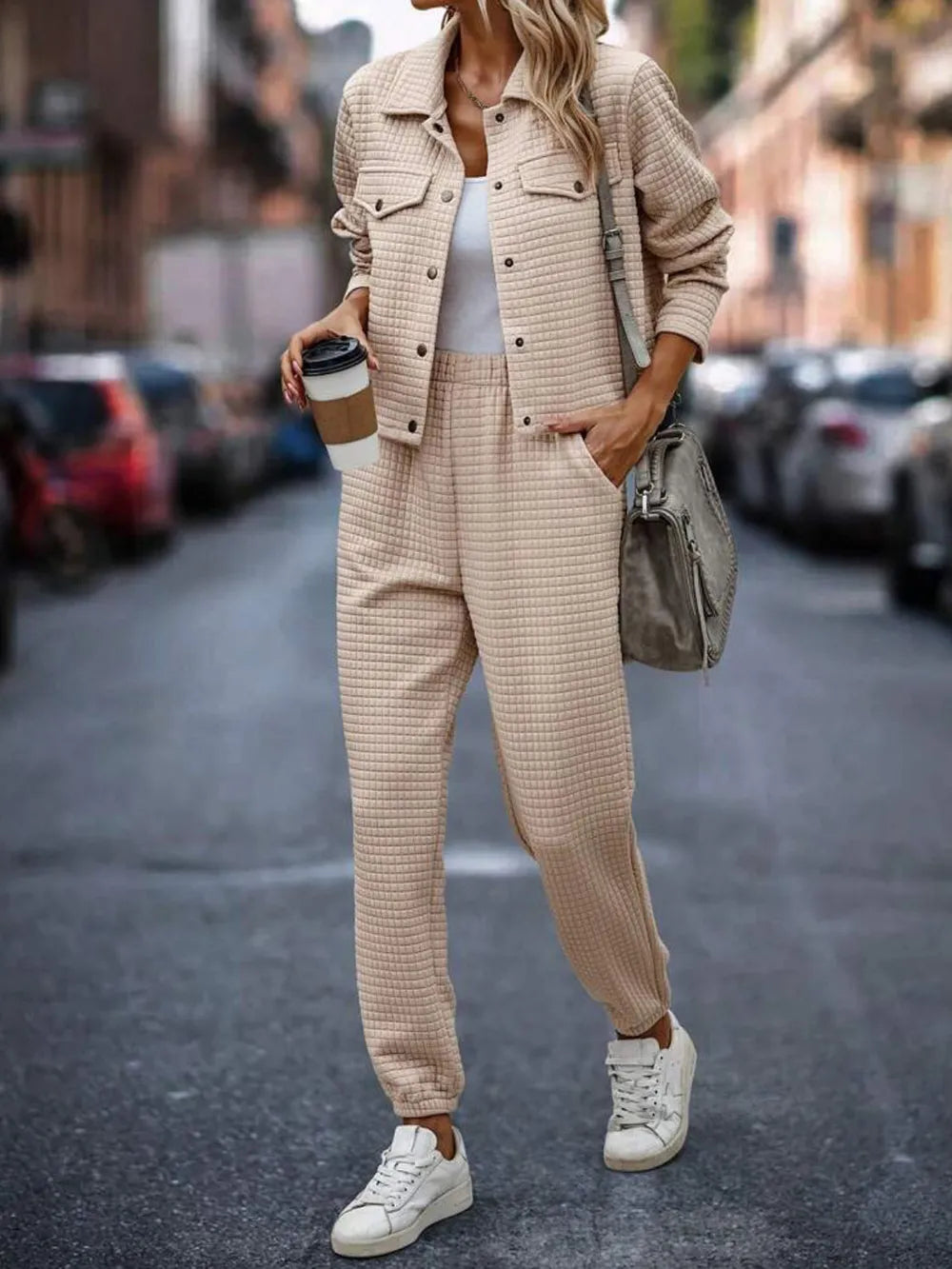 Plaid Texture Snap Down Top and Pants Set-Nordavory