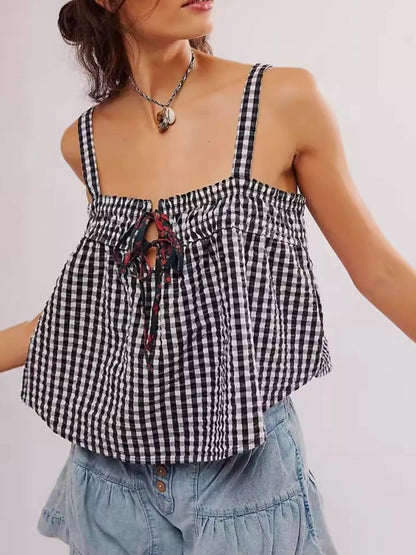 Smocked Gingham Tie-Front Cami-Nordavory