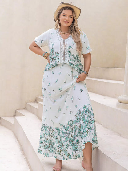 Plus Size Printed Lace Detail Short Sleeve Top and Skirt Set-Nordavory