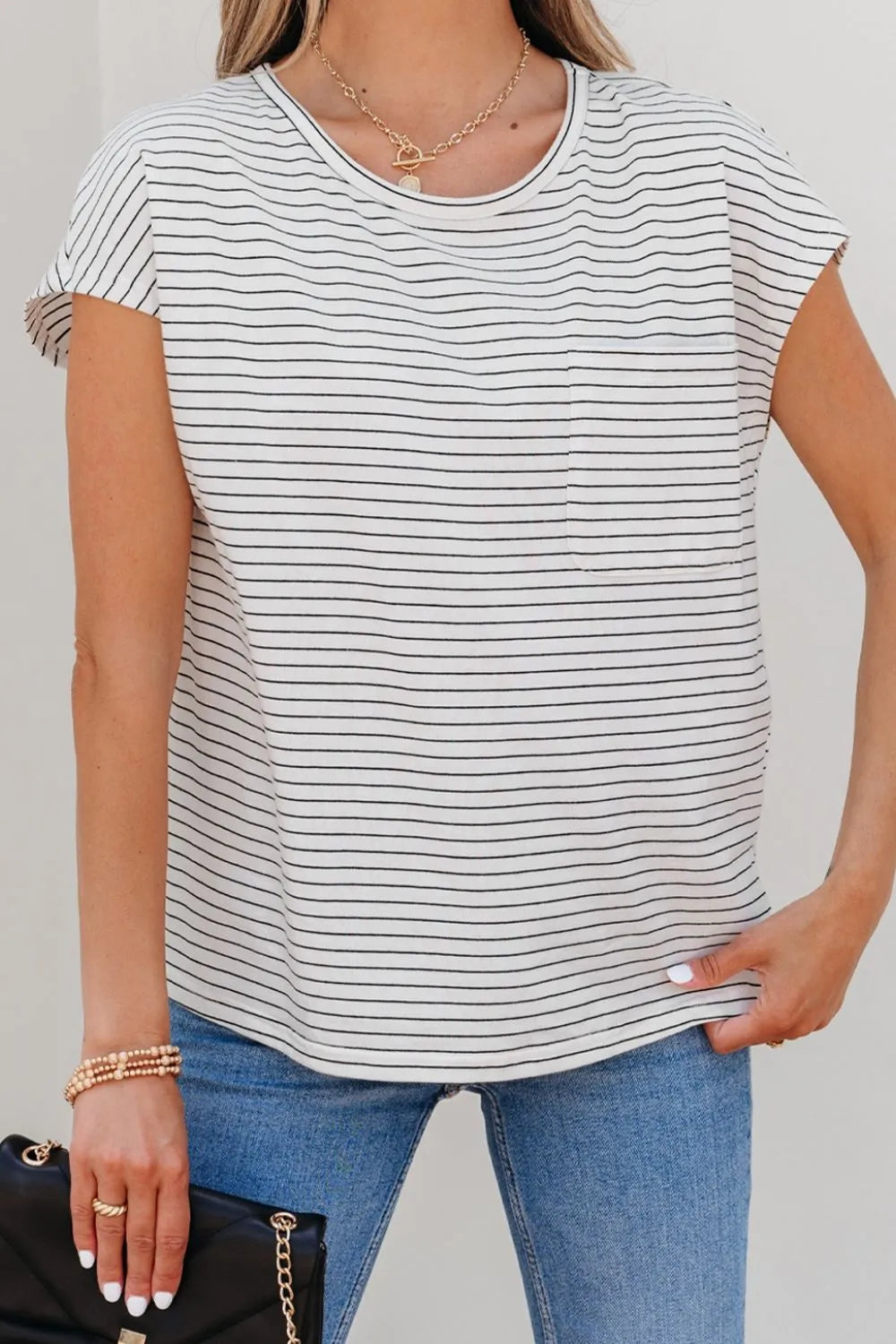Stripe Cap Sleeve Crew Neck Casual Tee with Chest Pocket-Nordavory
