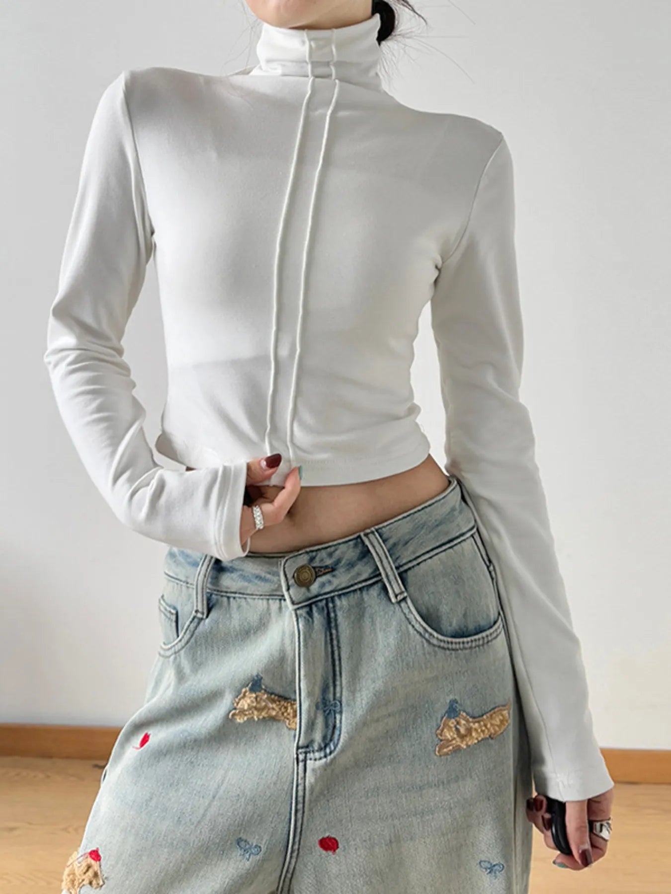 High Neck Long Sleeve Cropped T-Shirt-Nordavory
