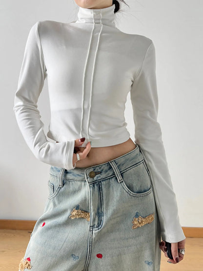 High Neck Long Sleeve Cropped T-Shirt-Nordavory