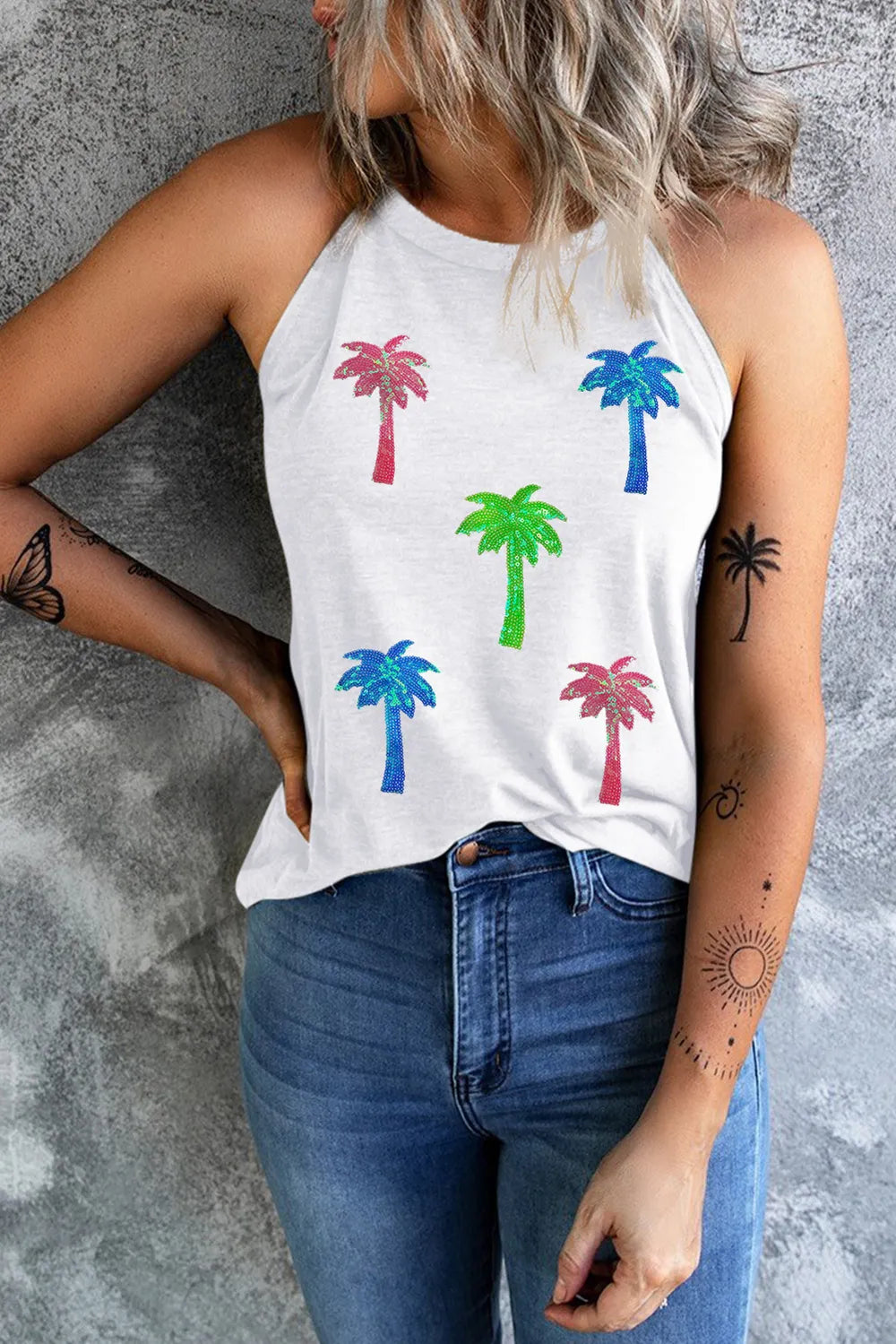 Sequin Coconut Tree Round Neck Tank-Nordavory
