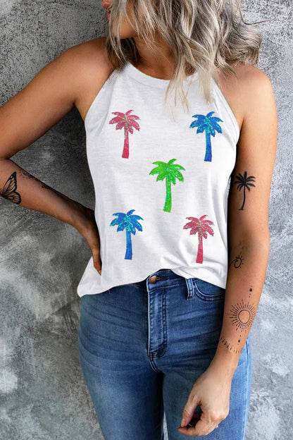 Sequin Coconut Tree Round Neck Tank-Nordavory