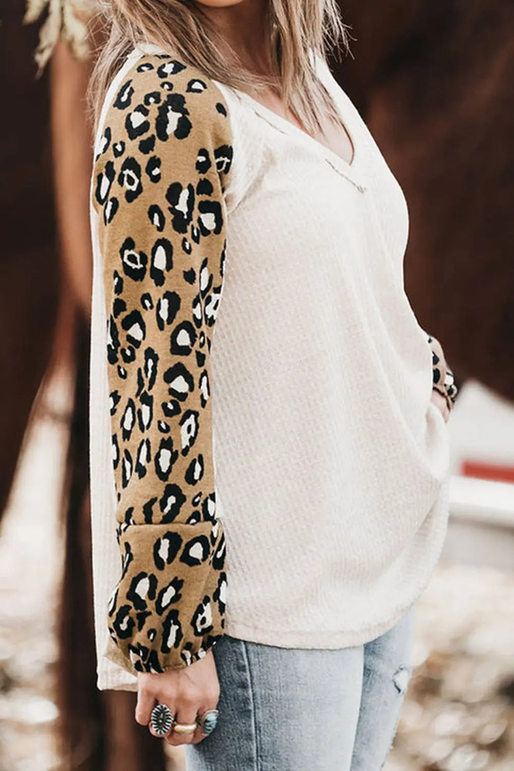 Plus Size Leopard V-Neck Raglan Sleeve Blouse-Nordavory