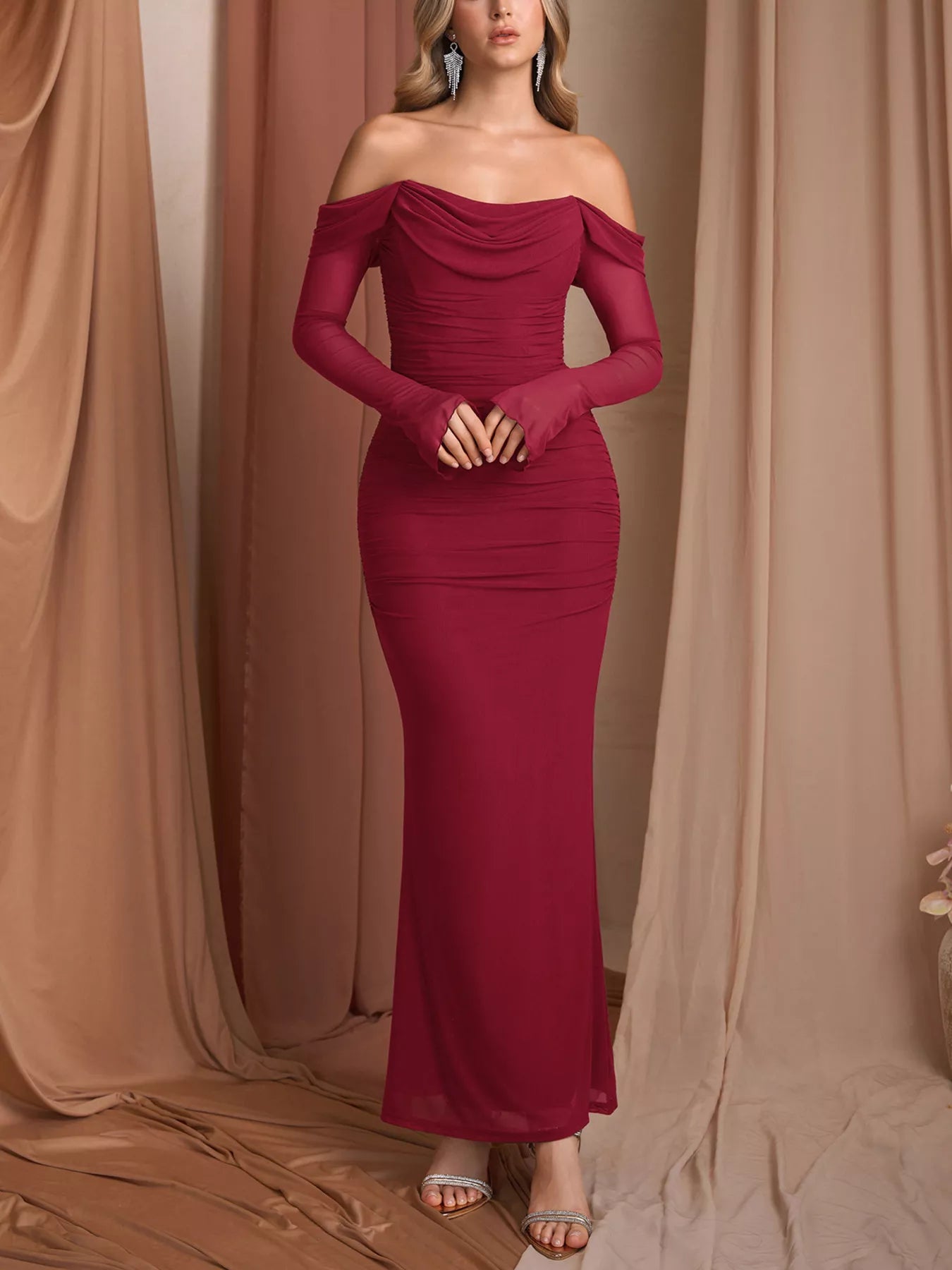 Off-Shoulder Ruched Mermaid Maxi Dress-Nordavory