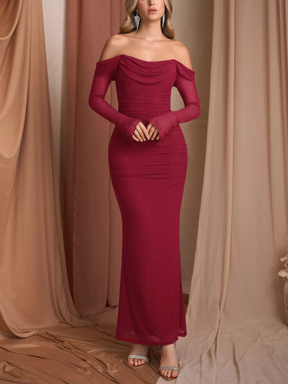 Off-Shoulder Ruched Mermaid Maxi Dress-Nordavory