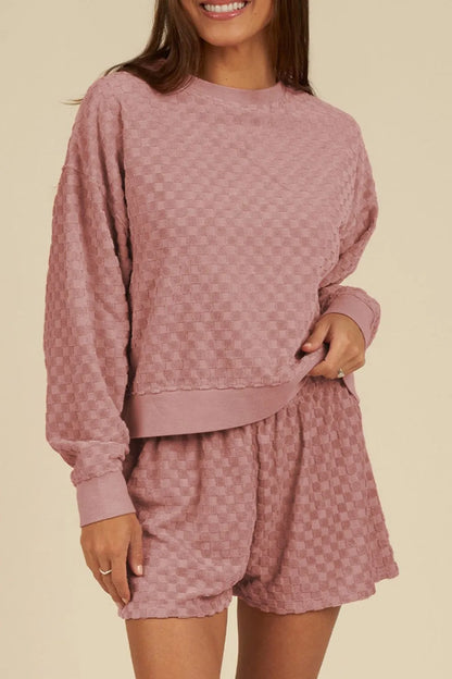 Round Neck Long Sleeve Checkered Top and Shorts Set-Nordavory