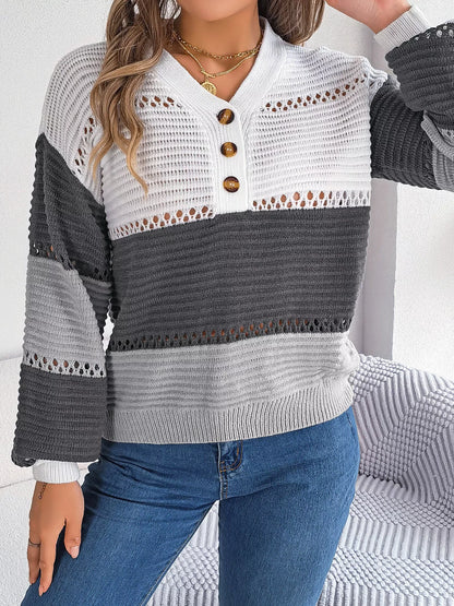 Color Block Striped V-Neck Button Detail Sweater-Nordavory