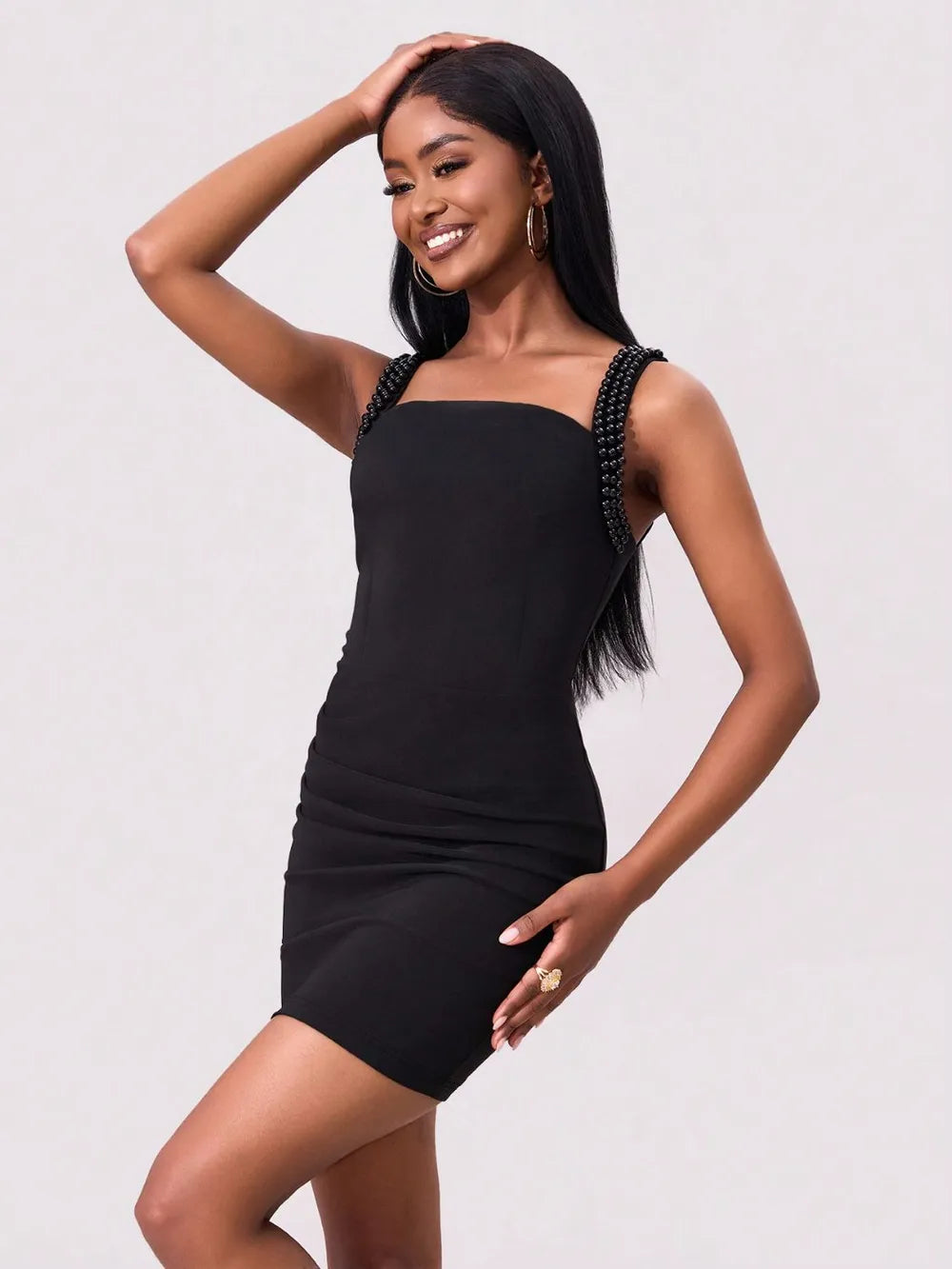 Bead Trim Wide Strap Wrap Dress-Nordavory