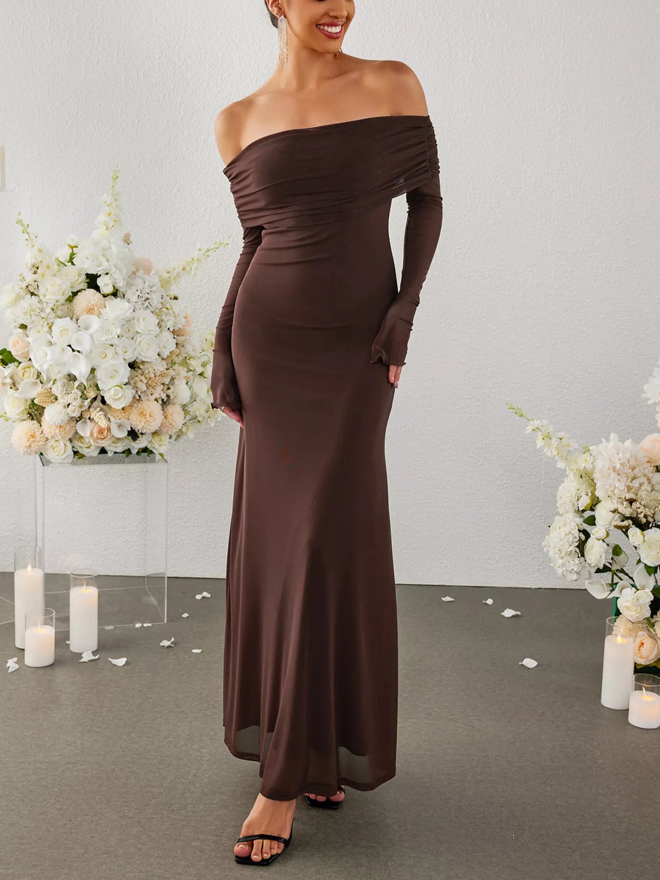 Off-Shoulder Ruched Long Sleeve Maxi Dress-Nordavory