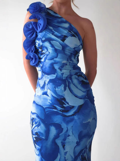 Floral Print One-Shoulder Maxi Dress-Nordavory