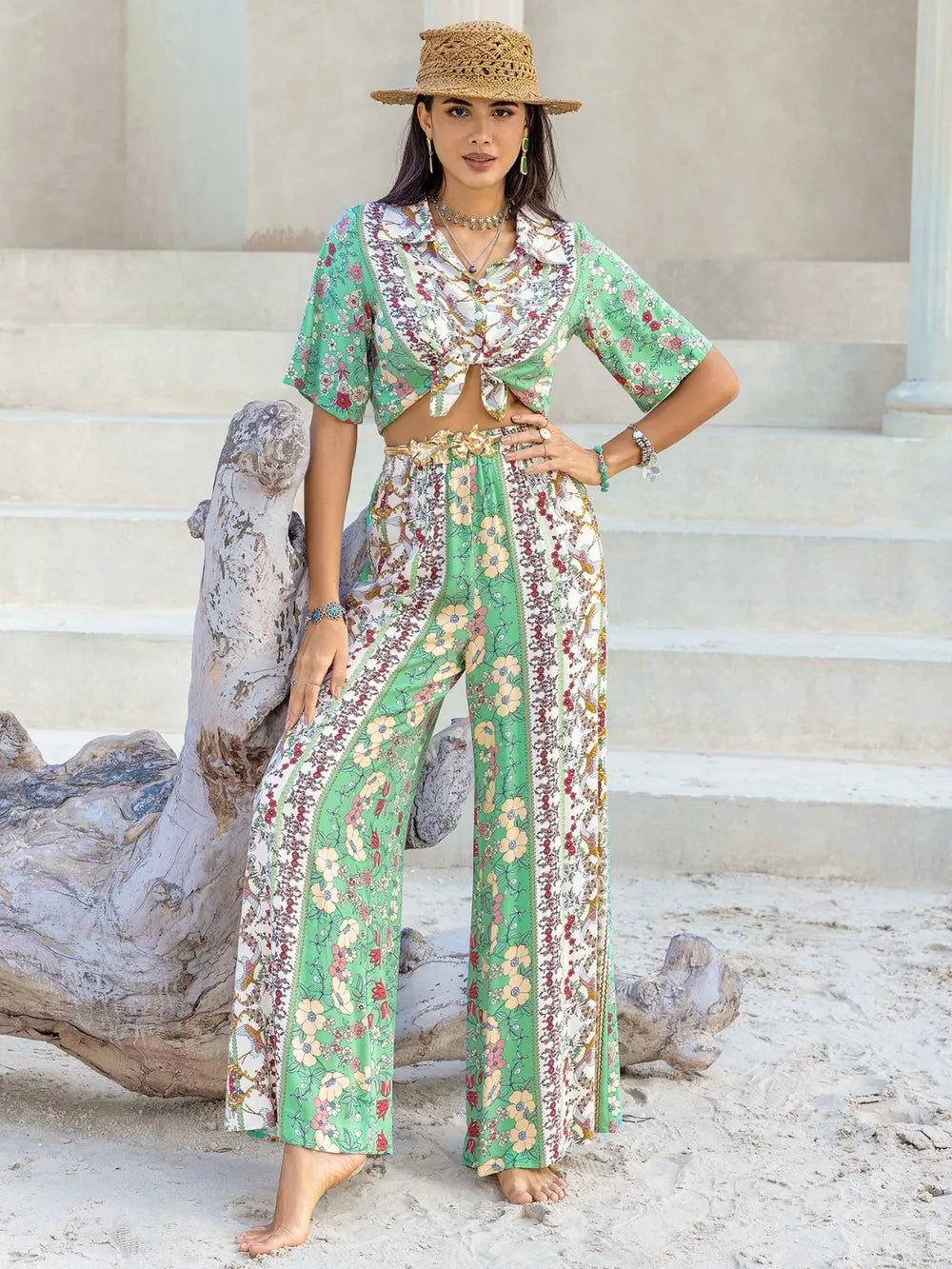 Printed Half Sleeve Top and Wide Leg Pants Set-Nordavory
