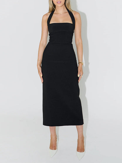 Halter Neck Bodycon Midi Dress-Nordavory
