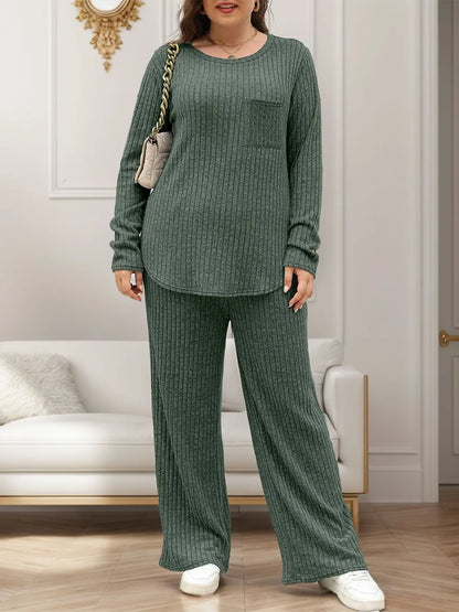 Round Neck Long Sleeve Top and Pants Set-Nordavory