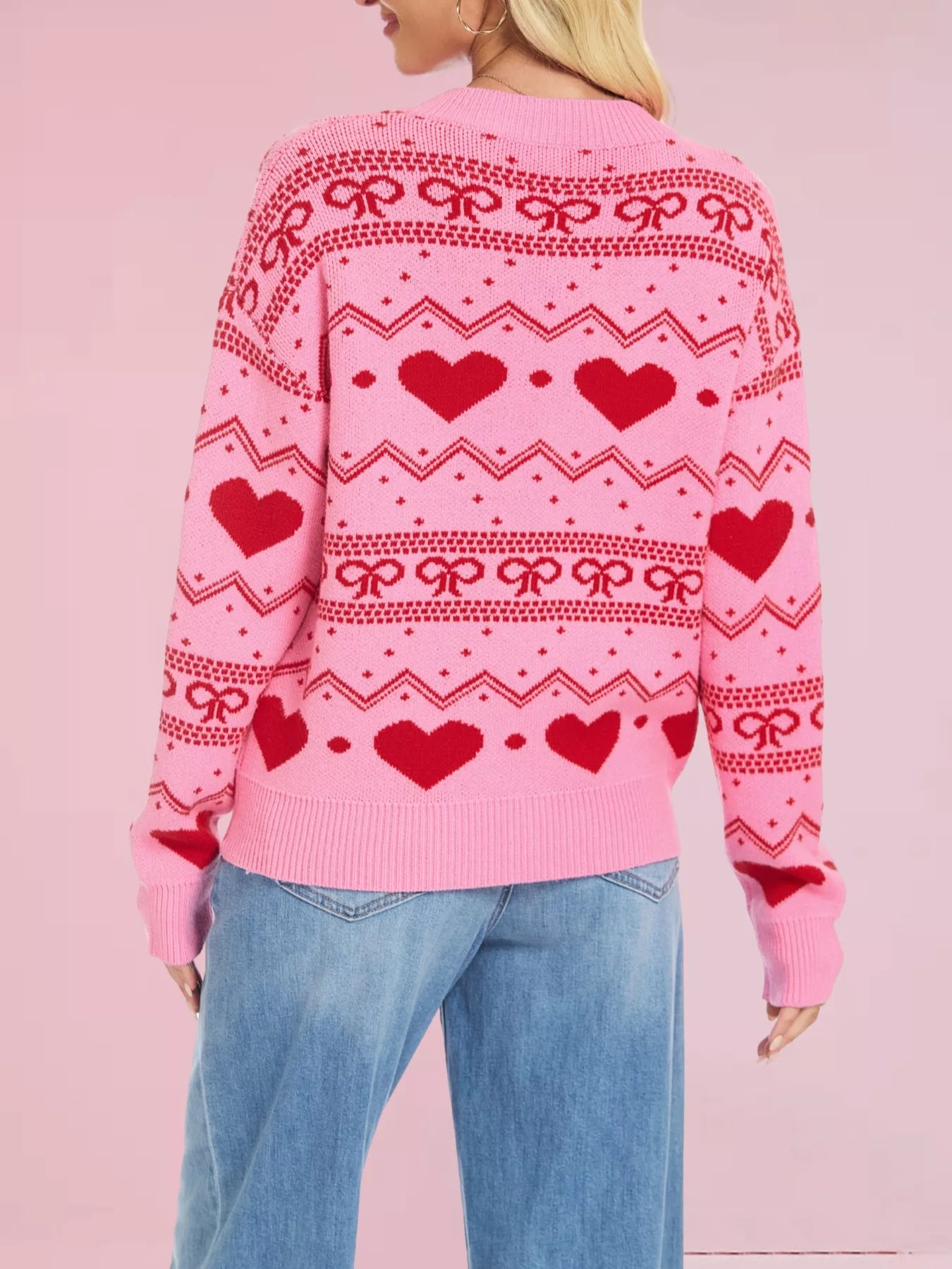 Heart & Bow Pattern Round Neck Sweater-Nordavory