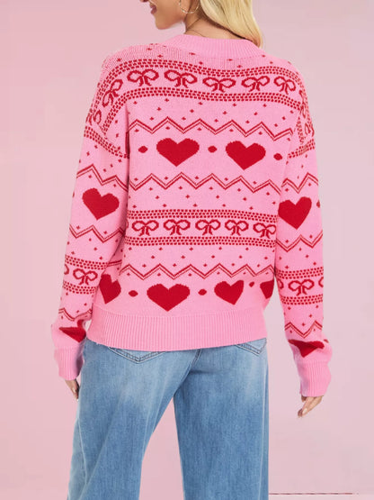 Heart & Bow Pattern Round Neck Sweater-Nordavory