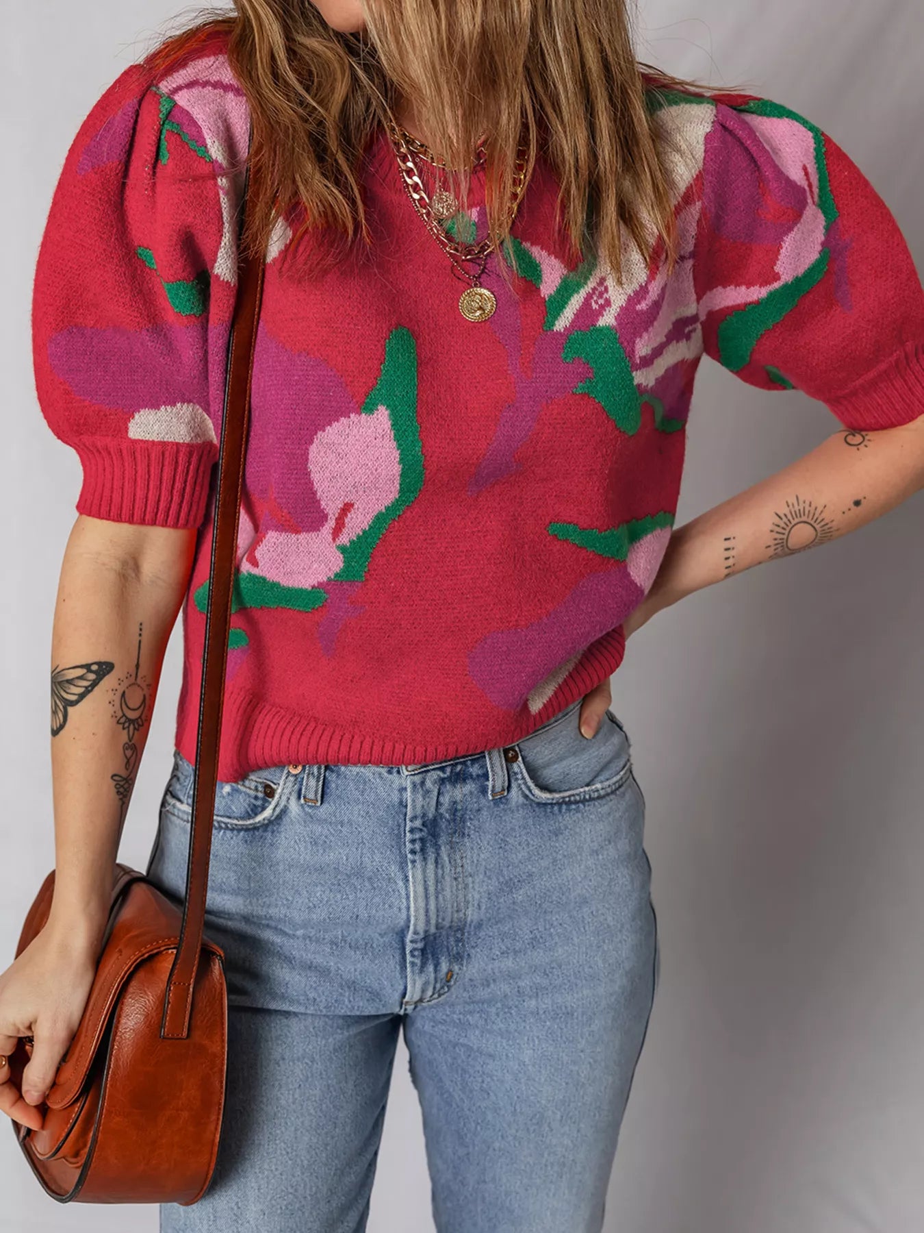 Floral Abstract Print Short Puff Sleeve Sweater-Nordavory