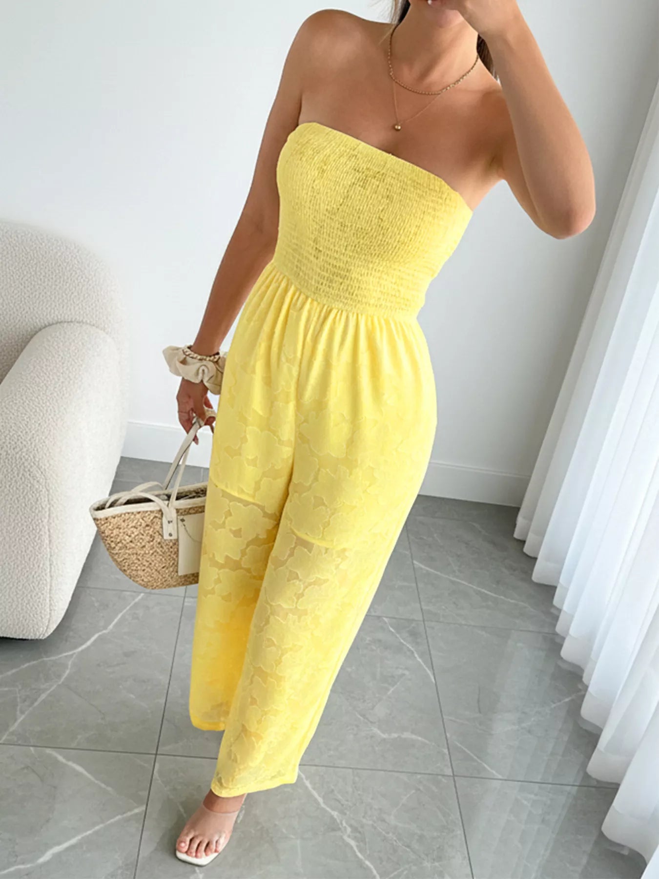 Lace Smocked Tube Jumpsuit-Nordavory