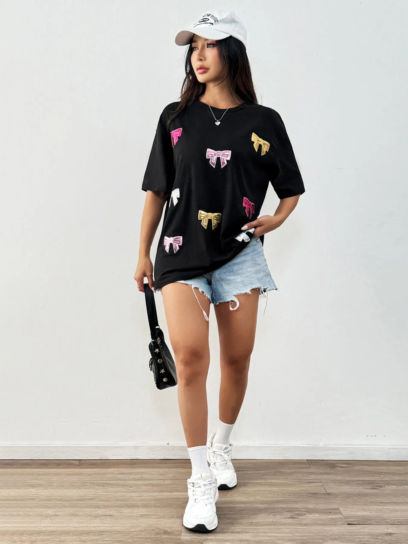 Sequin Bow Round Neck Short Sleeve T-Shirt-Nordavory