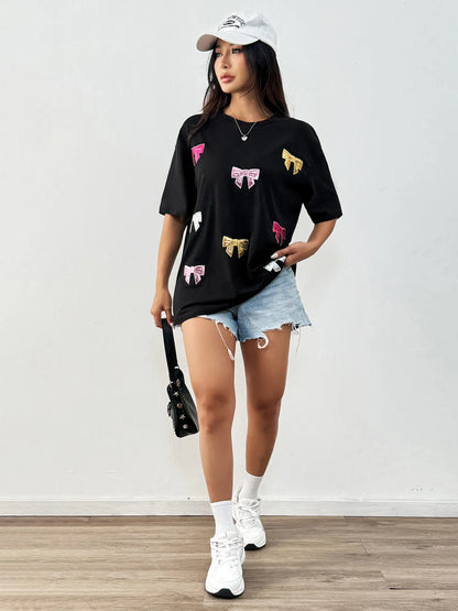 Sequin Bow Round Neck Short Sleeve T-Shirt-Nordavory