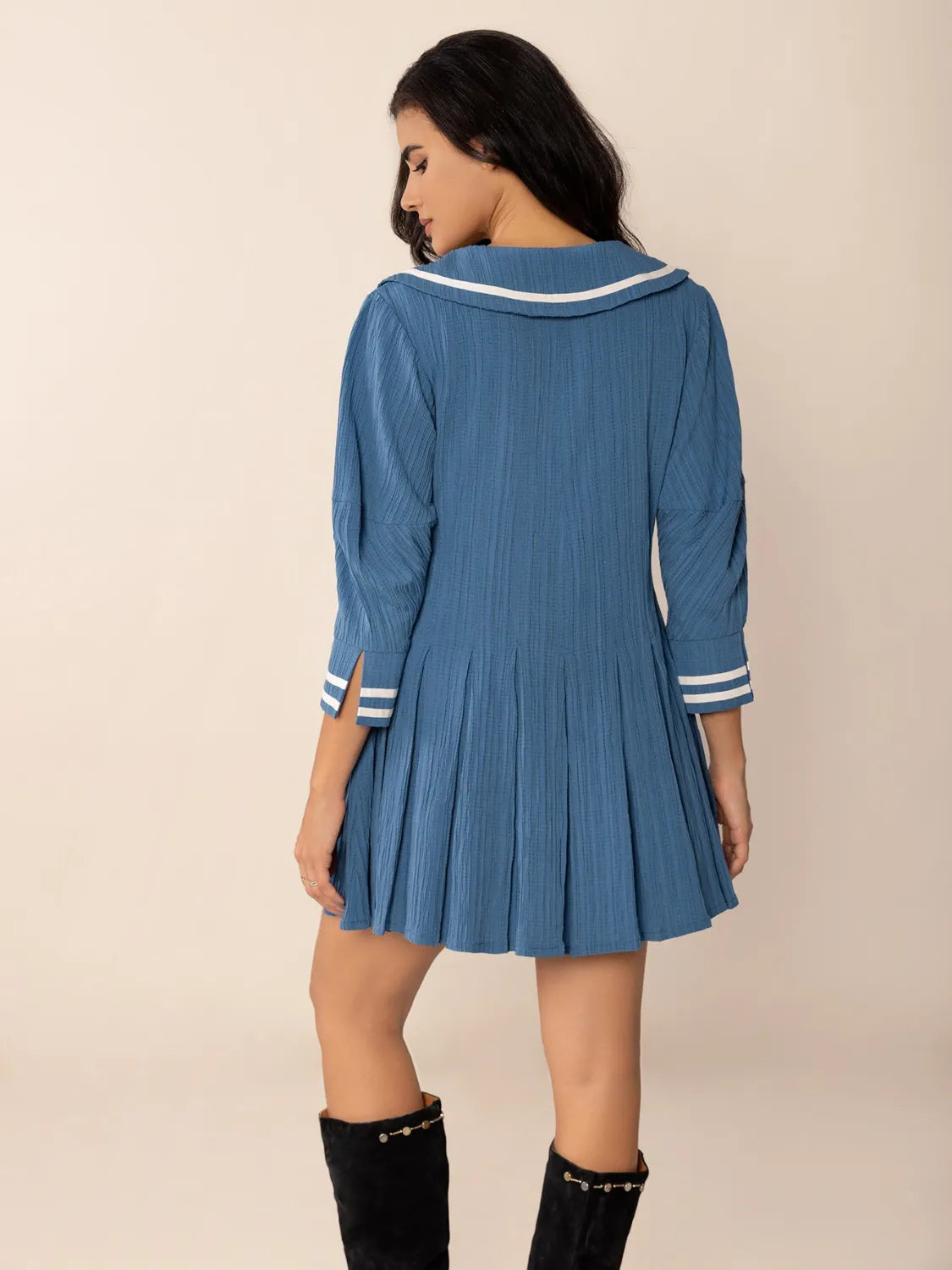 Tie Front Pleated Three-Quarter Sleeve Mini Dress-Nordavory