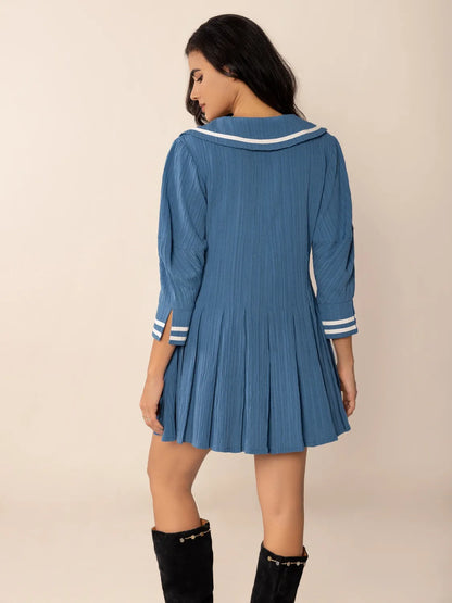 Tie Front Pleated Three-Quarter Sleeve Mini Dress-Nordavory