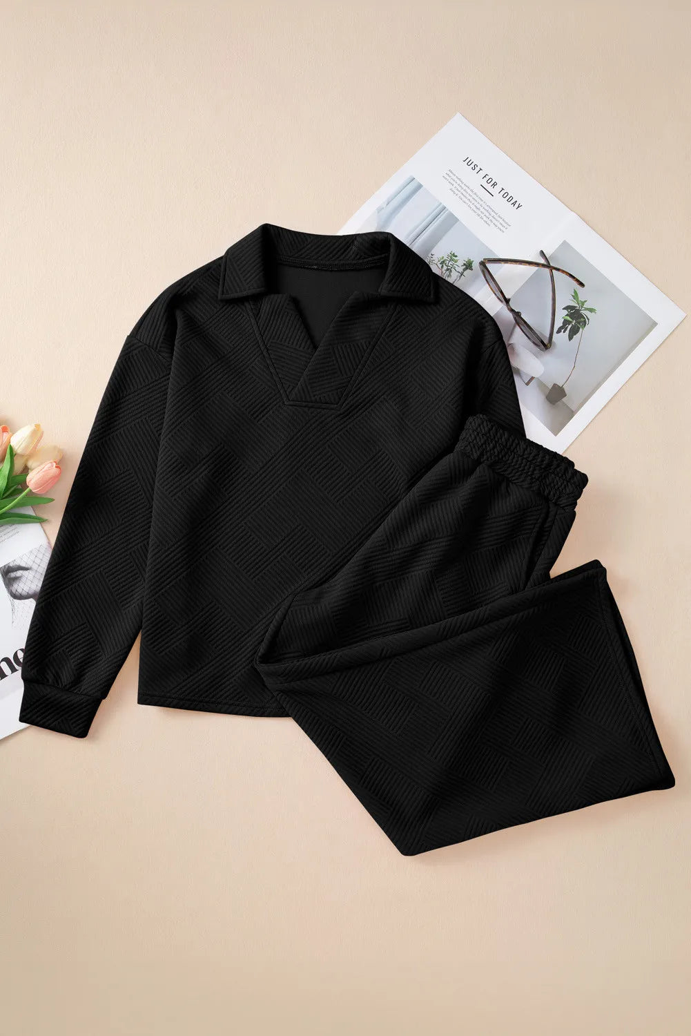 Textured Long Sleeve Top and Drawstring Pants Set-Nordavory