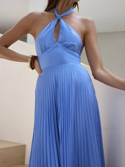 Halter Neck Pleated A-Line Dress-Nordavory