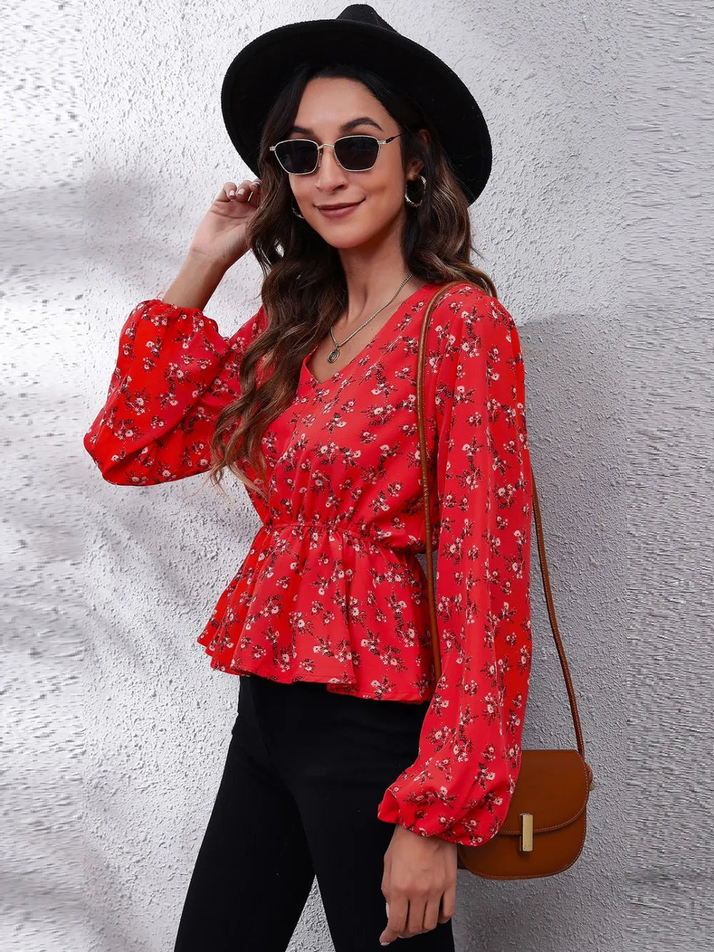 Floral V-Neck Balloon Sleeve Peplum Blouse-Nordavory
