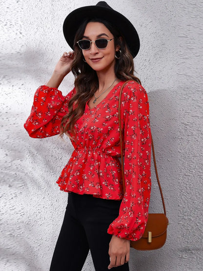 Floral V-Neck Balloon Sleeve Peplum Blouse-Nordavory