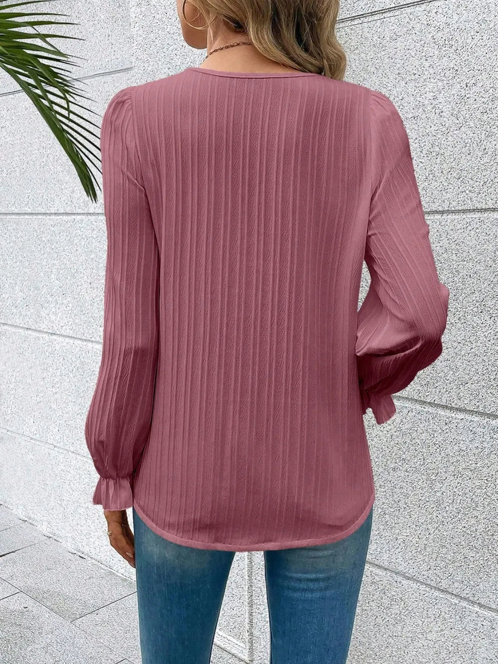 V-Neck Lace Detail Flounce Sleeve Blouse-Nordavory