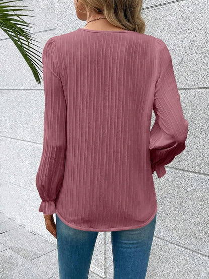 V-Neck Lace Detail Flounce Sleeve Blouse-Nordavory