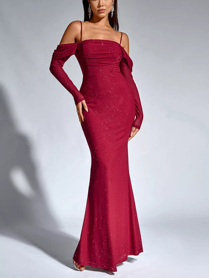 Glitter Ruched Long Sleeve Mermaid Maxi Dress-Nordavory